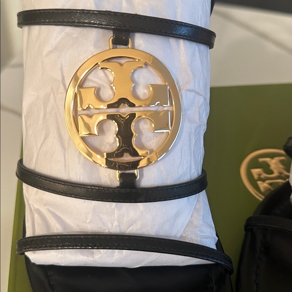 Tory Burch Black Wedge Sandals with Gold Accent - Picture 4 of 8